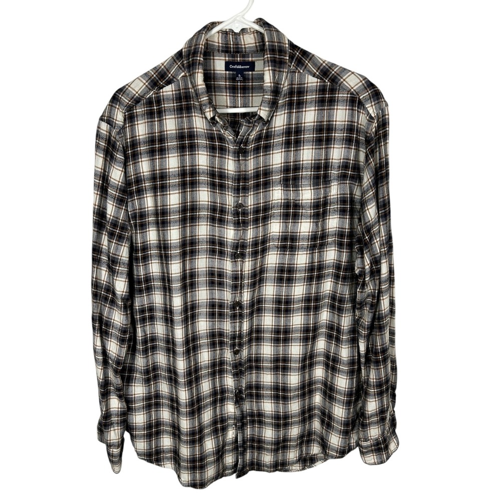 Croft & Barrow Mens Large Plaid Flannel Shirt Brown Grey White 100% Cotton L